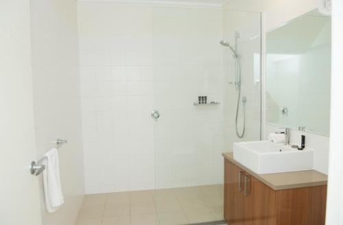格里菲斯格里夫汽车旅馆的白色的浴室设有水槽和淋浴。
