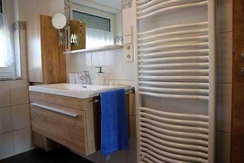 梅肯博伊伦BodenSEE Apartment Steinackerweg的一间带水槽和蓝毛巾的浴室