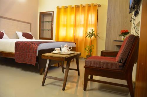 迈索尔Kaveri Hotel Bed & Breakfast的卧室配有1张床、1张桌子和1把椅子