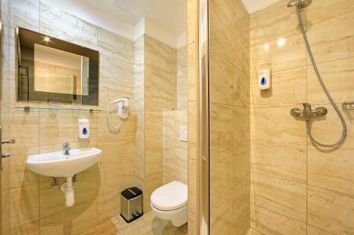 布拉格Residence BENE的带淋浴、卫生间和盥洗盆的浴室
