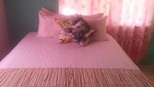 法尔茅斯G&R Guesthouse的粉红色的床,上面有四个枕头