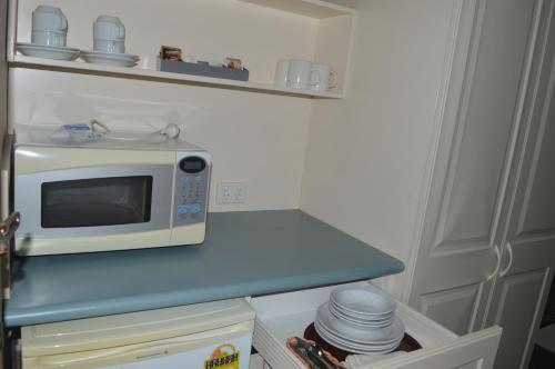 麦夸里港艾瑟思尔汽车旅馆的厨房里的一个蓝色柜台上有一个微波炉