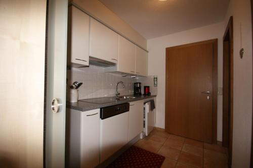 莱赫阿尔贝格索尔达纳拉公寓的厨房配有白色橱柜、水槽和门