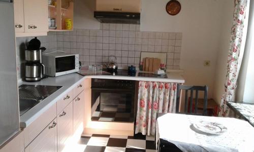 BrinjaheFerienwohnung Wisbek的厨房配有微波炉和炉灶。 顶部烤箱