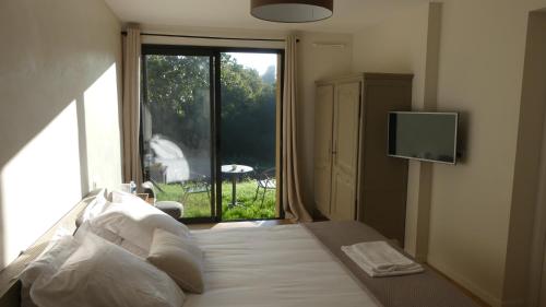 普卢伊内克Domaine de Tréouzien的一间卧室配有一张带窗户的床和一台电视