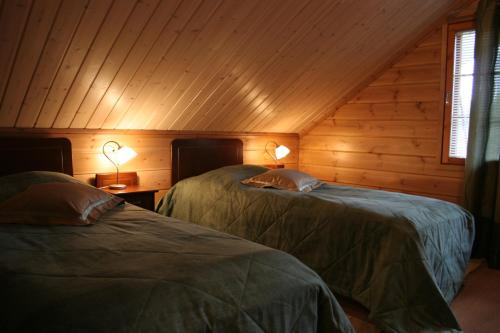 沃卡蒂Vuokatin Aateli Villa Ruhtinatar的木墙客房的两张床
