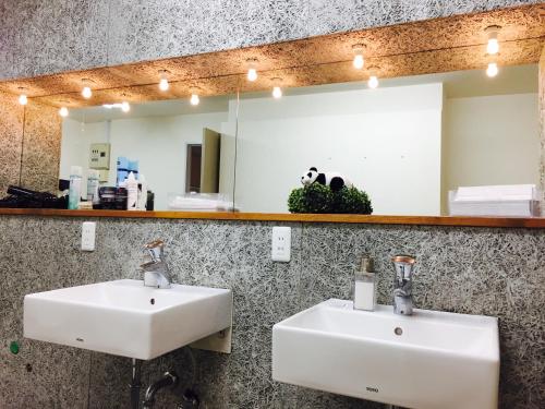 广岛The Evergreen Hostel 長期ステイ歓迎 エバーグリーンホステル的浴室设有2个水槽和镜子