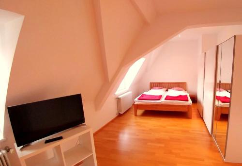 海德堡Wohnen unter dem Schloss的客厅配有平面电视和1张床。