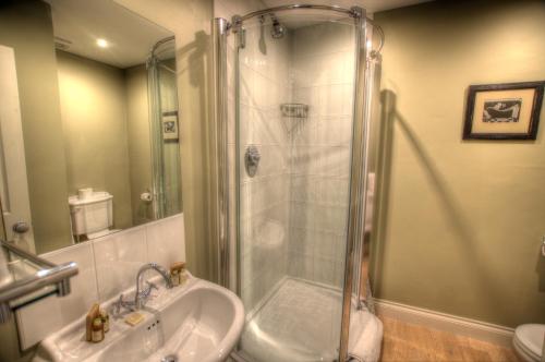 邓斯特Dunster Castle Hotel的带淋浴和盥洗盆的浴室