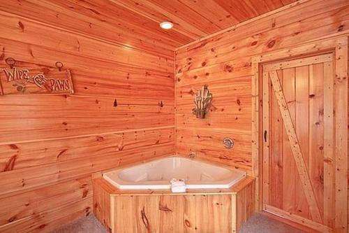 赛维尔维尔Mountain Seclusion的一间位于小木屋内的带浴缸的浴室