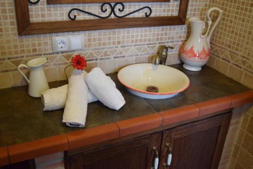 Cartajima罗萨里奥之家度假屋的浴室柜台设有水槽、花瓶和毛巾