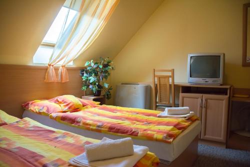 考波什堡图卢艾特伦酒店的一间带两张床和电视的卧室