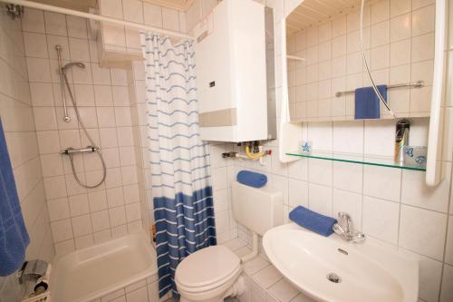 西里格Wangeroogeweg 5a的浴室配有卫生间、盥洗盆和淋浴。
