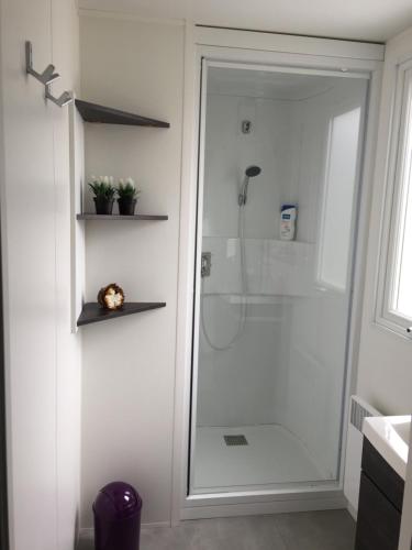 波讷地区圣朱利安Mobilhome Land的浴室里设有玻璃门淋浴