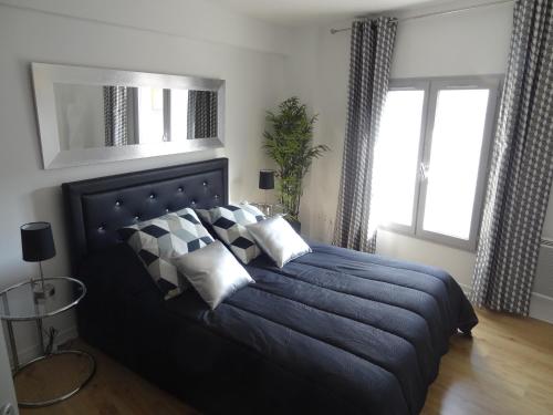 阿维尼翁Appartements HEMINGWAY的一间卧室配有一张带枕头的大蓝色床。