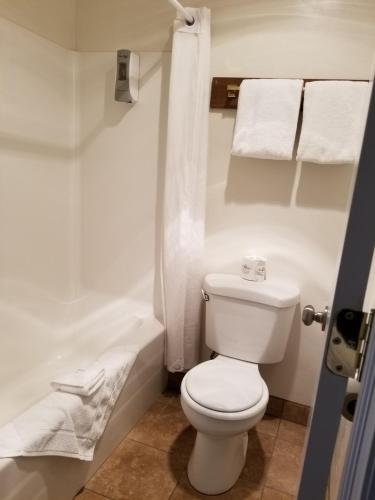 PrestonPlaza Motel的浴室设有卫生间、浴缸和毛巾。