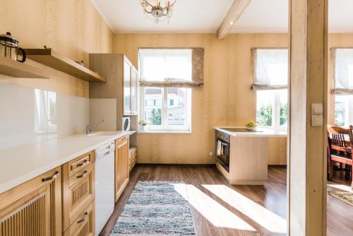 哈普萨卢Reta Apartemendid的厨房配有木制橱柜、水槽和窗户。