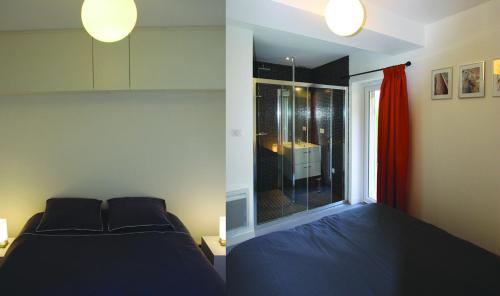 欧坦Le Petit St Lazare的一间卧室设有一张床、一个窗户和一间浴室