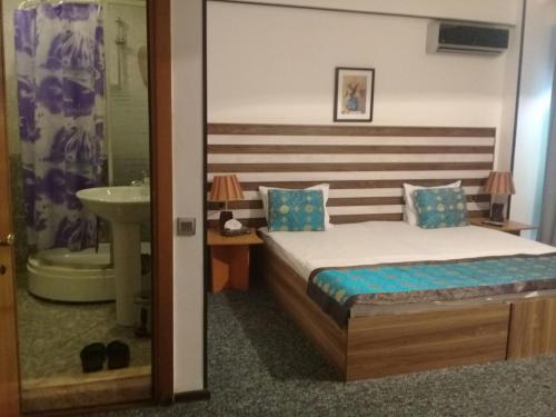 巴库巴库画廊酒店的一间卧室配有一张床,浴室设有水槽