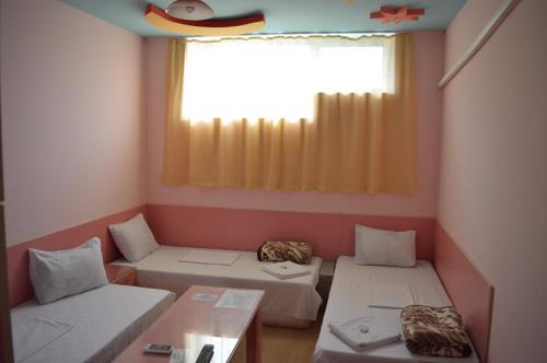 TutrakanHotel Sianie的客房设有两张床和窗户。