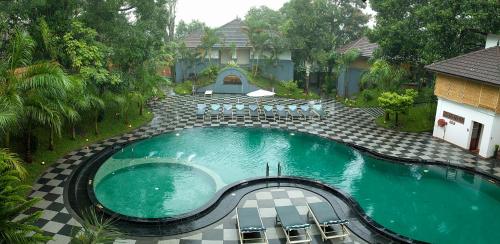 提喀迪大象苑卡迪酒店的房屋前游泳池的顶部景色