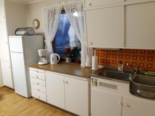 OlderdalenLyngen Arctic View的厨房配有水槽和白色冰箱