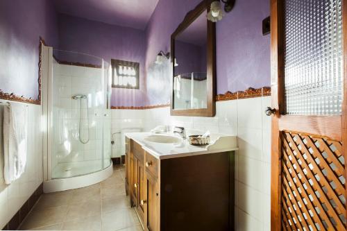 安提瓜Hotel Rural Era de la Corte - Adults only的紫色浴室设有水槽和淋浴