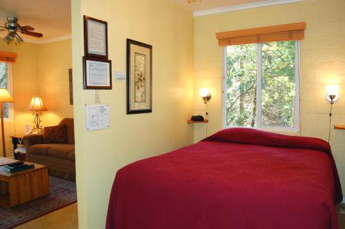 瓦沃纳65 Sparrows Nest的一间带红色床的卧室和一间客厅