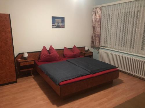 GrünheideDos Gauchos的一间卧室配有一张带红色枕头的床