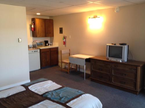 纳奈莫启航湾汽车旅馆的客房设有一张床、一张书桌和电视