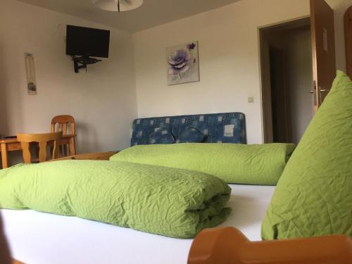 FenkenZur Einkehr的一间卧室配有一张带绿色床单的床和一台电视。