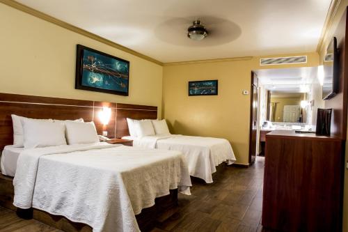 埃莫西约圣塞巴斯蒂安酒店的酒店客房,配有两张带白色床单的床