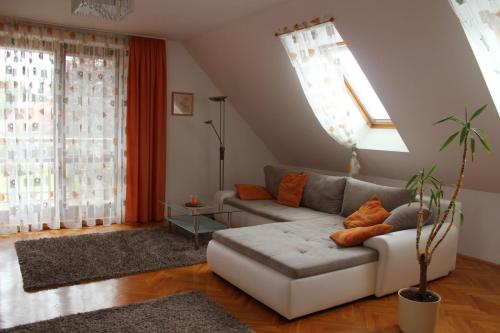 科希策Linde Gasthaus的带沙发的客厅和部分窗户。