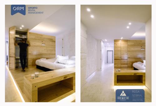 波尔图ORM - Ribeira Apartments的卧室两张图片,配有一张床和镜子