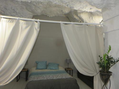 吕讷Gîte en Touraine的卧室配有白色窗帘、床和植物