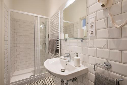 布达佩斯恩格尔公寓的白色的浴室设有水槽和淋浴。