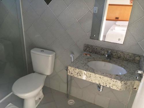 阿拉卡茹Pousada Aruana Praia的一间带卫生间、水槽和镜子的浴室