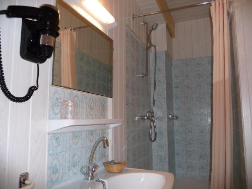 古雷特Hôtel L'Amoulat的带淋浴、盥洗盆和淋浴的浴室
