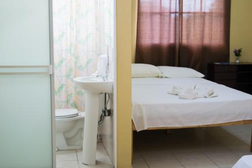 马那瓜Hotel Valerie的一间卧室配有床、水槽和卫生间