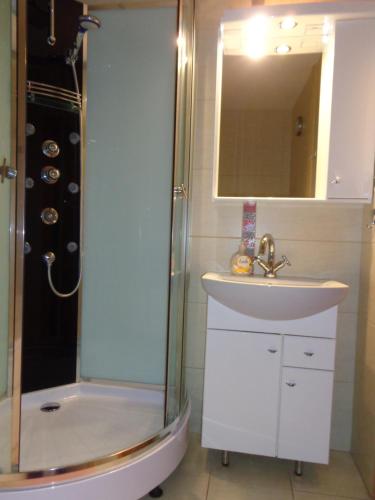 纳文丘夫Apartament na Nowickiego的浴室配有盥洗盆、淋浴和盥洗盆。