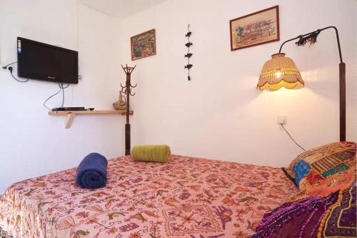 内韦伊兰Irit's Apartment的卧室配有一张床,墙上配有电视。
