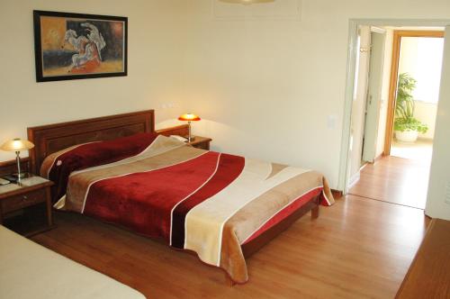 雅典奥米洛斯酒店的一间卧室配有一张带红色毯子的大床