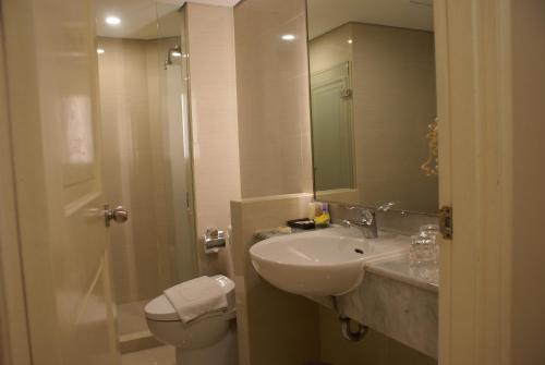 雅加达热带套房大酒店的一间带水槽、卫生间和镜子的浴室