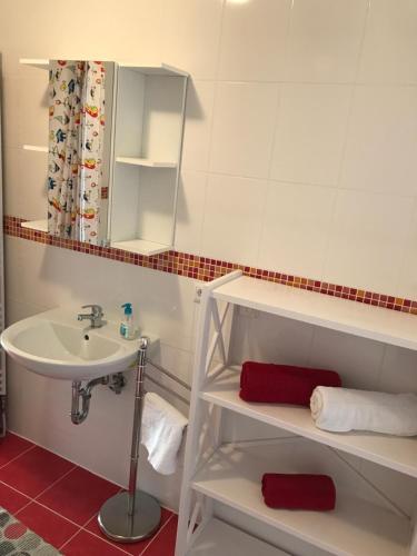 于伯林根Seerose的浴室配有盥洗盆、镜子和毛巾