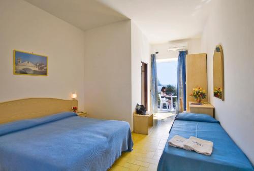 伊斯基亚瑞瓦德尔索酒店的酒店客房设有两张床和一个阳台。