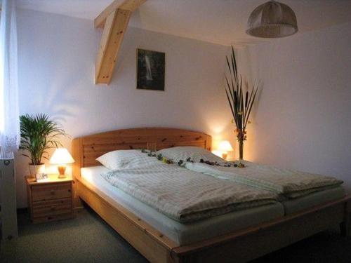 HermsdorfKammbaude的一间卧室配有一张大床,两盏灯