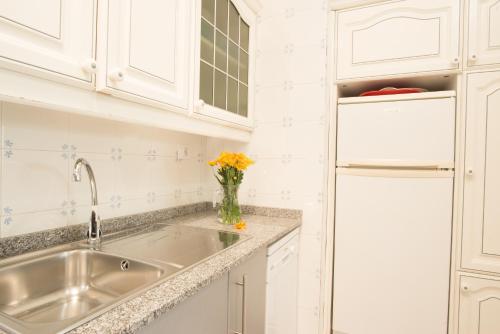卡列罗港VistAgua的白色的厨房配有水槽和冰箱