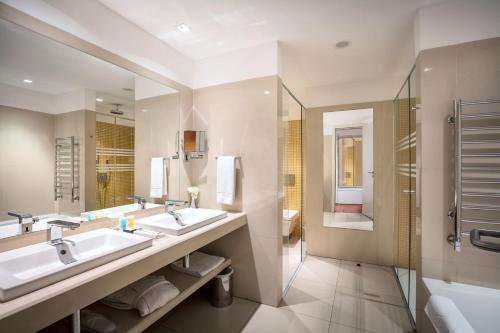 阿拉木图多斯特克酒店的一间带两个盥洗盆和淋浴的浴室