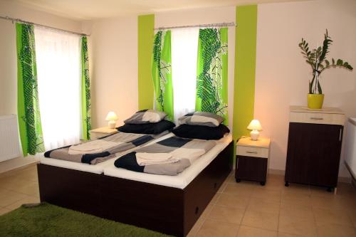 莫劳豪洛姆Írisz Apartmanház的一间卧室设有两张带绿色墙壁和窗户的床。