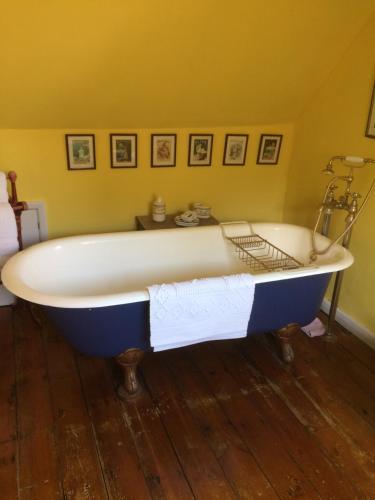 比斯特石灰树农家乐的客房内的蓝色和白色浴缸